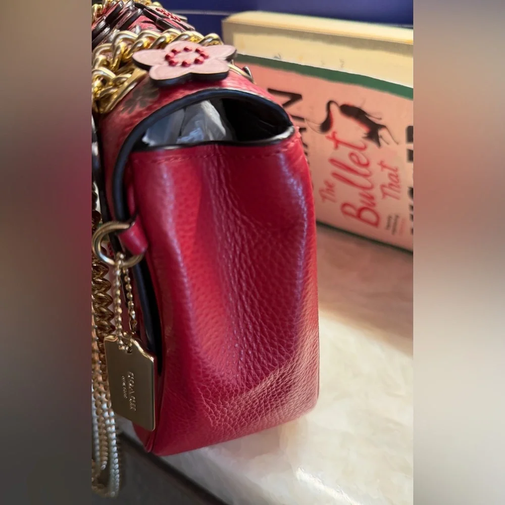 Coach Red Floral Appliqué Shoulder Bag with Gold Chain and Green Turn-Lock